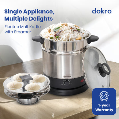 Dokro Multipurpose Electric Kettle with Steamer and Idli Tray(1.5Lt.) | Fast heating with 600W Power | Automatic shut-off | 360° Swivel Base | LED Indicator