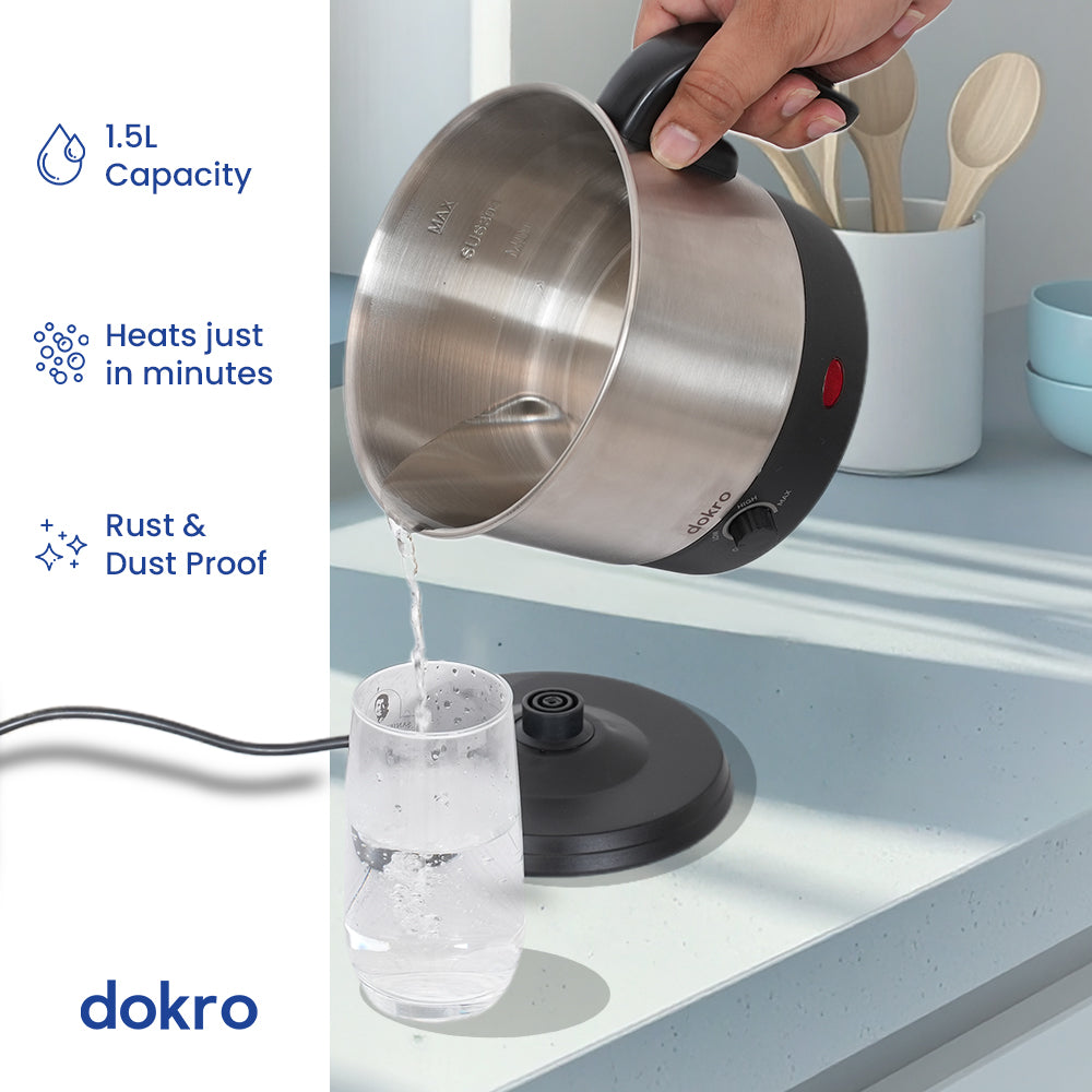 Dokro Electric Multipurpose Kettle (1.5 Litres), 600W, Stainless Steel body with Automatic Shut-off
