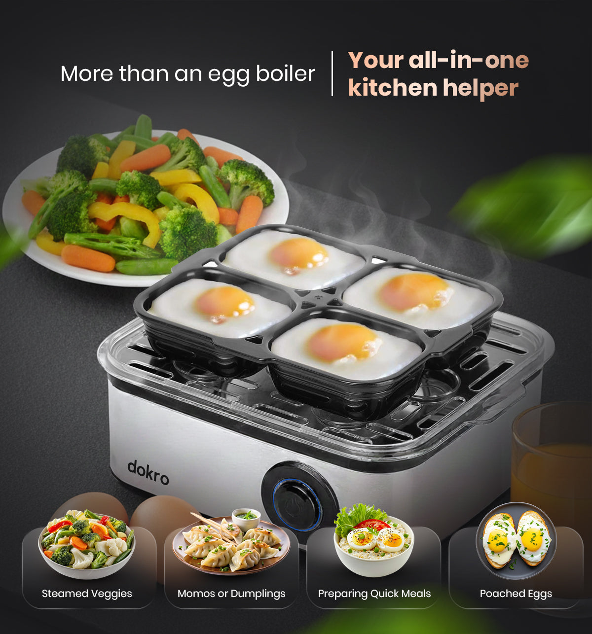 Dokro Electric 2-in-1 Egg Boiler and Poacher(500W), Boil 8 Eggs/Poach 4 Eggs, 3 Modes, Steel Body, Automatic Shut-Off