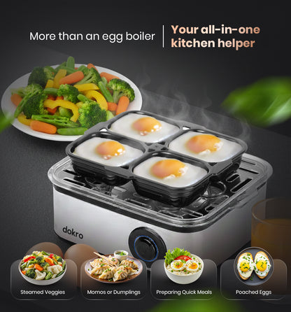 Dokro Electric 2-in-1 Egg Boiler and Poacher(500W), Boil 8 Eggs/Poach 4 Eggs, 3 Modes, Steel Body, Automatic Shut-Off