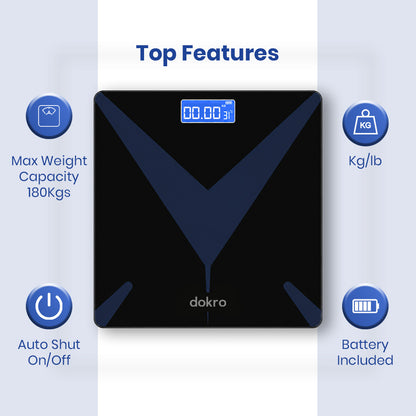 dokro Weight Machine for Home Digital Weighing Machine for Human Body with LCD Display Max Weight Capacity 180Kgs (Batteries Included) Bathroom Scale for Home | Black
