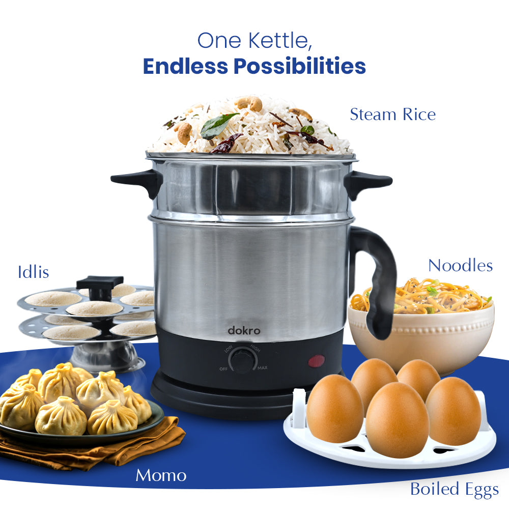 Dokro Multipurpose Electric Kettle with Steamer and Idli Tray(1.5Lt.) | Fast heating with 600W Power | Automatic shut-off | 360° Swivel Base | LED Indicator