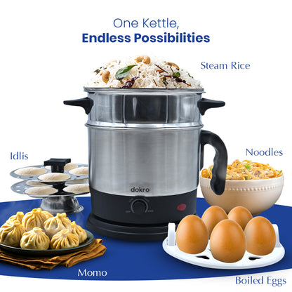 Dokro Multipurpose Electric Kettle with Steamer and Idli Tray(1.5Lt.) | Fast heating with 600W Power | Automatic shut-off | 360° Swivel Base | LED Indicator