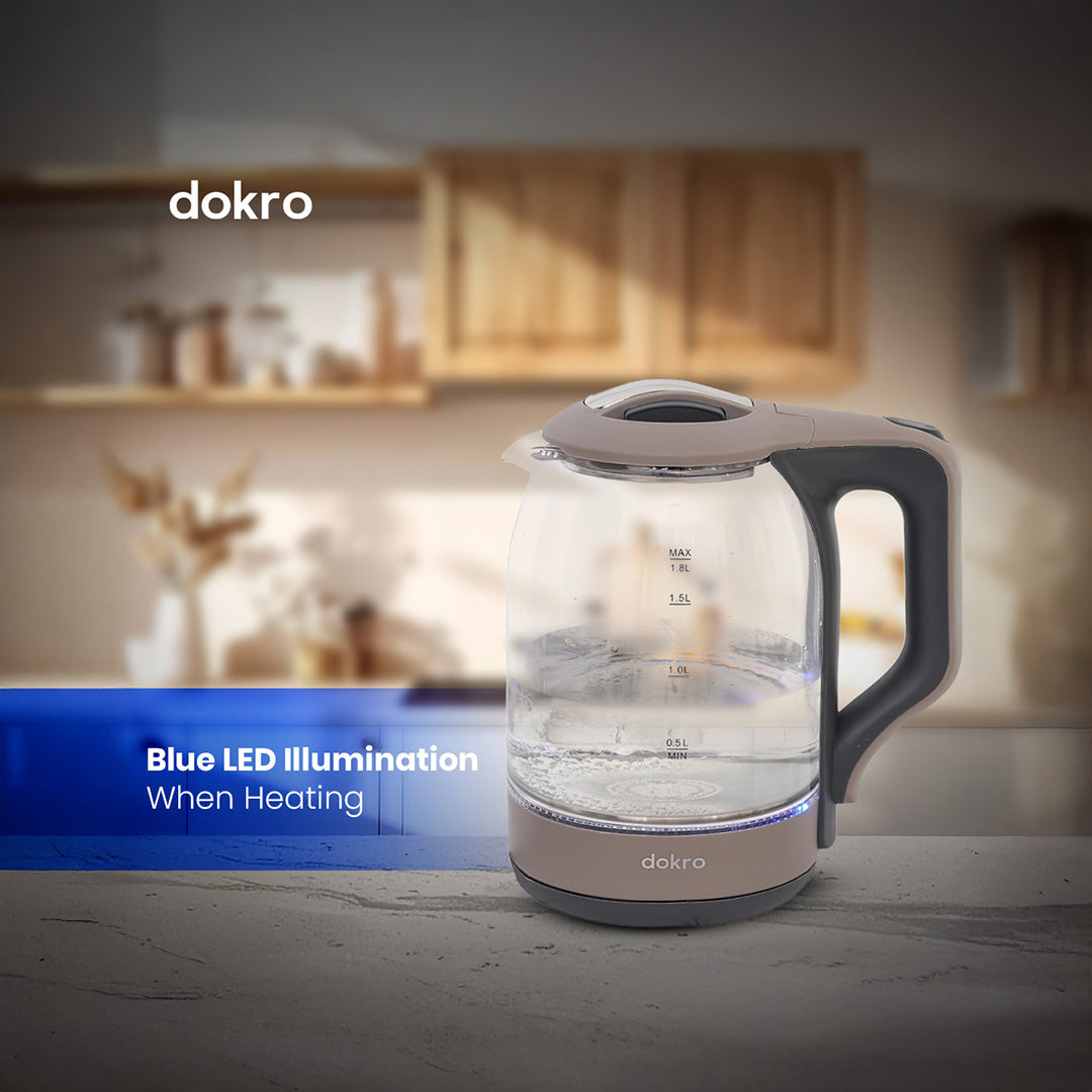 Dokro 1.8L Electric Glass Kettle(1350W), 100% Borosilicate Glass Body, Locking Lid, Auto Shut-Off