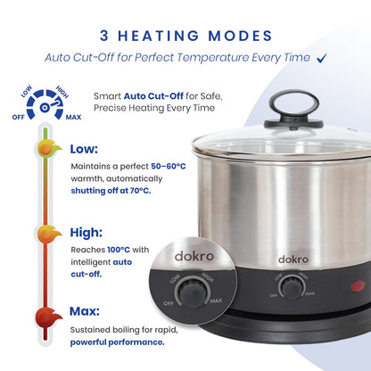 Dokro Electric Multipurpose Kettle (1.5 Litres), 600W, Stainless Steel body with Automatic Shut-off
