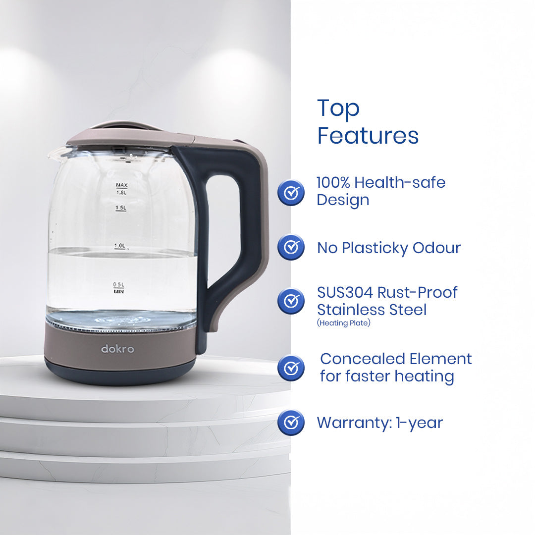 Dokro 1.8L Electric Glass Kettle(1350W), 100% Borosilicate Glass Body, Locking Lid, Auto Shut-Off