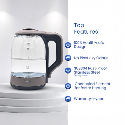 Dokro 1.8L Electric Glass Kettle(1350W), 100% Borosilicate Glass Body, Locking Lid, Auto Shut-Off