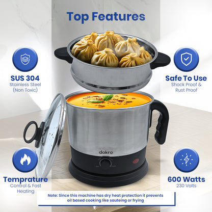 Dokro Multipurpose Electric Kettle with Steamer and Idli Tray(1.5Lt.) | Fast heating with 600W Power | Automatic shut-off | 360° Swivel Base | LED Indicator