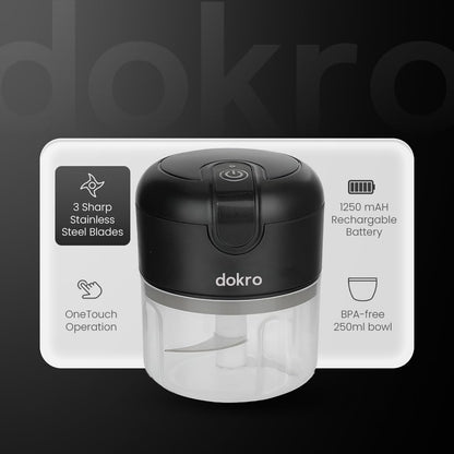 Dokro Rechargeable Mini Electric Chopper(Black), 250 ml BPA-free Bowl, 3 SS Blades, One-Touch Operation, for Garlic, Vegetables, Onion, Tomatoes, Meat and Nuts | 30W Motor | Long use 1200mAH battery