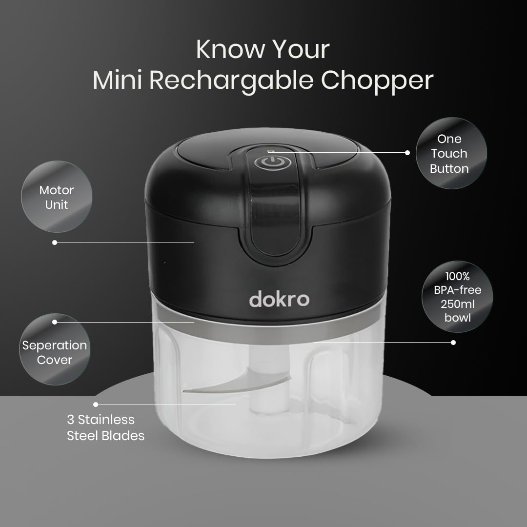 Dokro Rechargeable Mini Electric Chopper(Black), 250 ml BPA-free Bowl, 3 SS Blades, One-Touch Operation, for Garlic, Vegetables, Onion, Tomatoes, Meat and Nuts | 30W Motor | Long use 1200mAH battery