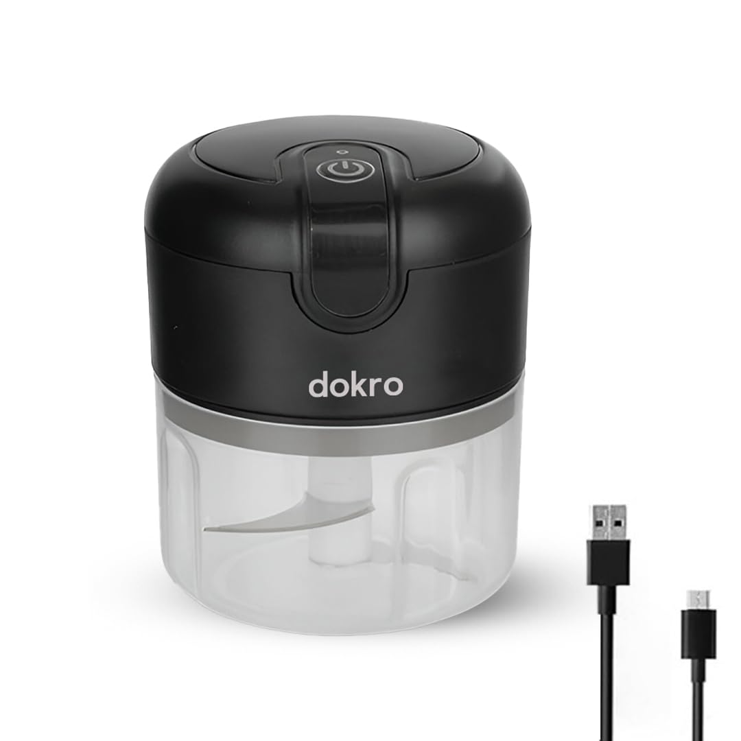 Dokro Rechargeable Mini Electric Chopper(Black), 250 ml BPA-free Bowl, 3 SS Blades, One-Touch Operation, for Garlic, Vegetables, Onion, Tomatoes, Meat and Nuts | 30W Motor | Long use 1200mAH battery