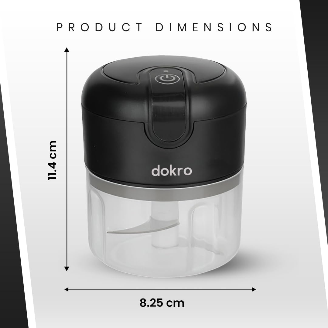 Dokro Rechargeable Mini Electric Chopper(Black), 250 ml BPA-free Bowl, 3 SS Blades, One-Touch Operation, for Garlic, Vegetables, Onion, Tomatoes, Meat and Nuts | 30W Motor | Long use 1200mAH battery