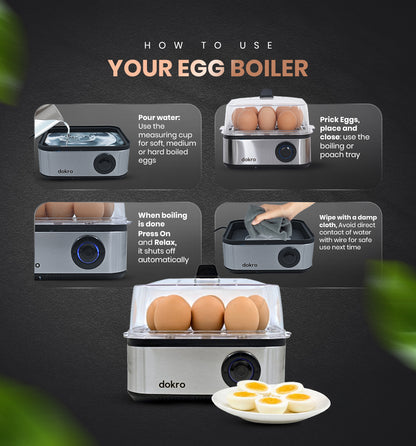 Dokro Electric 2-in-1 Egg Boiler and Poacher(500W), Boil 8 Eggs/Poach 4 Eggs, 3 Modes, Steel Body, Automatic Shut-Off