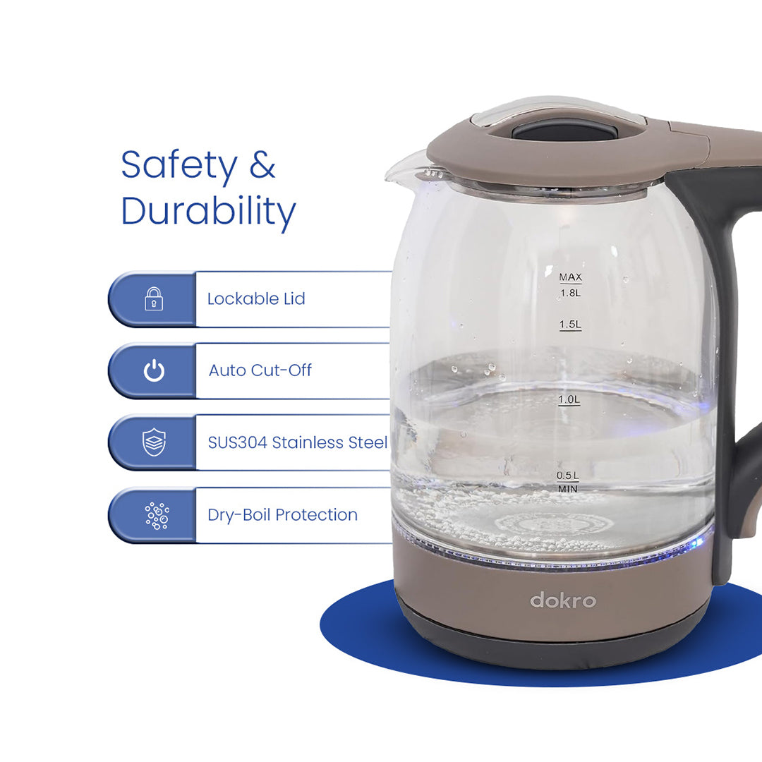 Dokro 1.8L Electric Glass Kettle(1350W), 100% Borosilicate Glass Body, Locking Lid, Auto Shut-Off