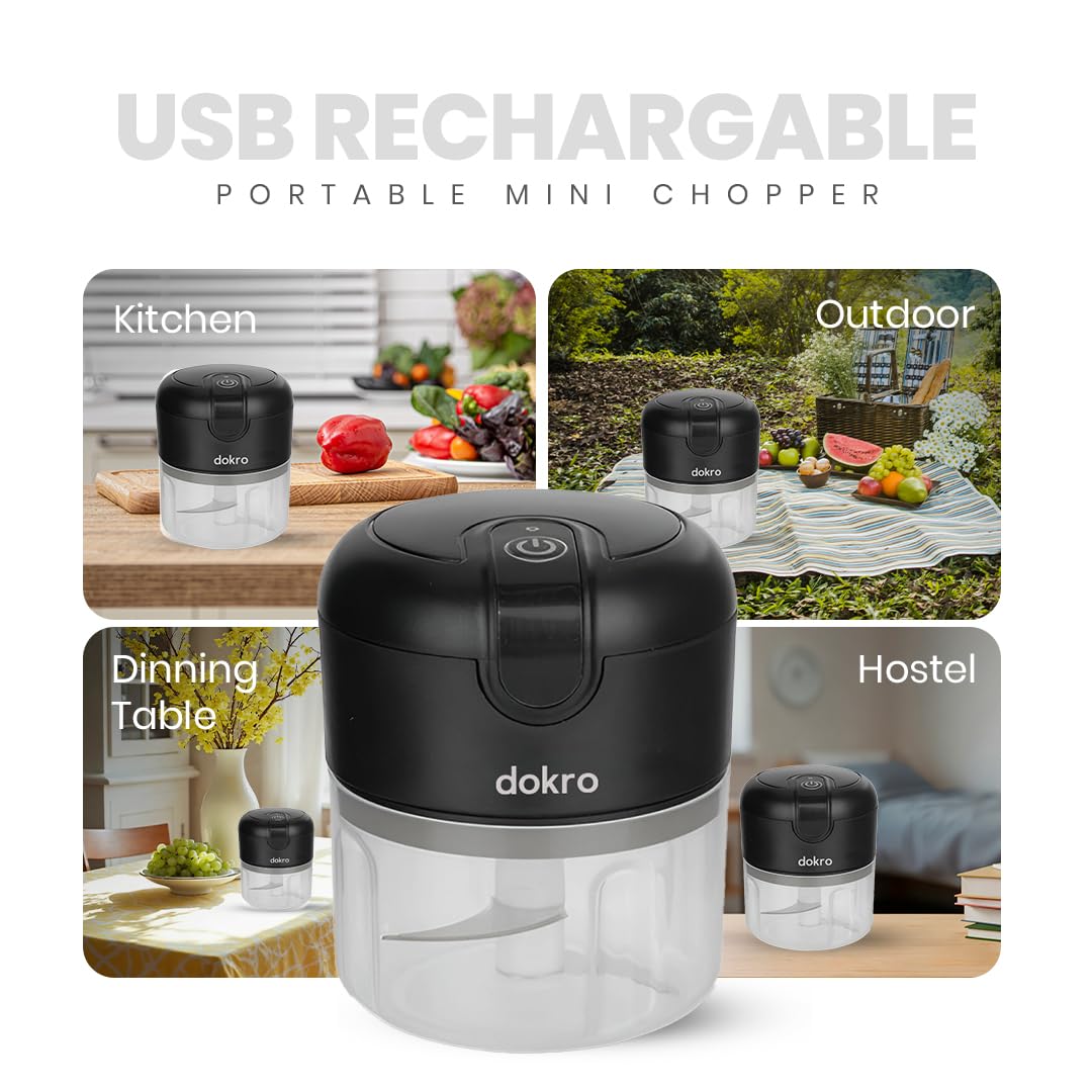 Dokro Rechargeable Mini Electric Chopper(Black), 250 ml BPA-free Bowl, 3 SS Blades, One-Touch Operation, for Garlic, Vegetables, Onion, Tomatoes, Meat and Nuts | 30W Motor | Long use 1200mAH battery