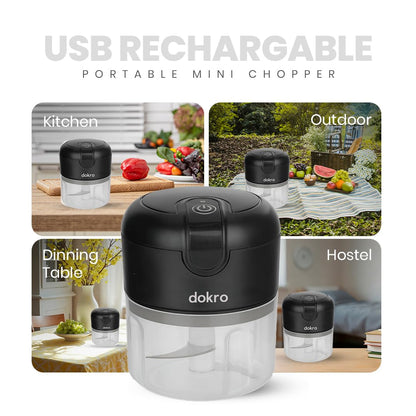 Dokro Rechargeable Mini Electric Chopper(Black), 250 ml BPA-free Bowl, 3 SS Blades, One-Touch Operation, for Garlic, Vegetables, Onion, Tomatoes, Meat and Nuts | 30W Motor | Long use 1200mAH battery