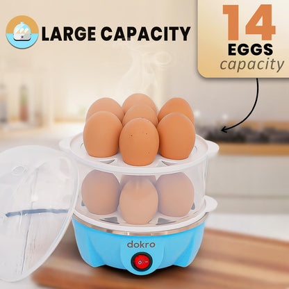 Dokro Electric Egg Boiler Double Layer | Boils 14 Eggs | 3 Boiling Modes – Soft Medium Hard | Auto Shut-Off | LED Indicator | Stainless Steel Heating Plate | Blue Color