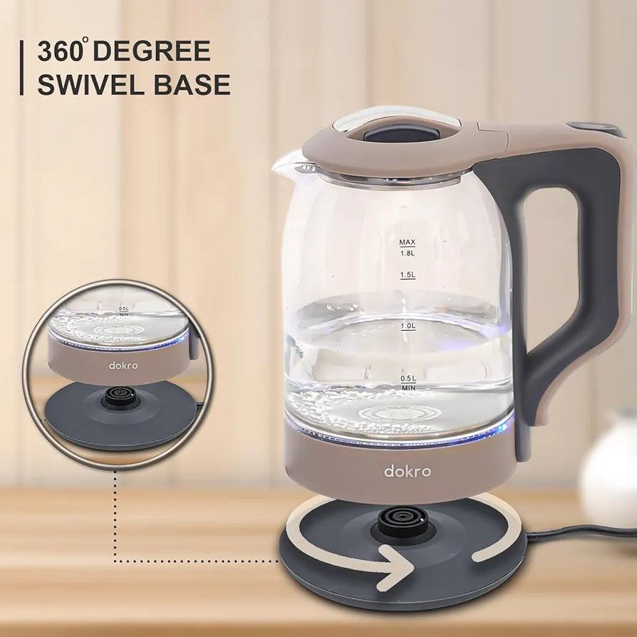 Dokro 1.8L Electric Glass Kettle  | 100% Borosilicate Glass Body with Locking Lid, 360° Swivel Base, Concealed Element for faster heating, Auto Shut-Off, Shock & Rust Proof Electric Kettle