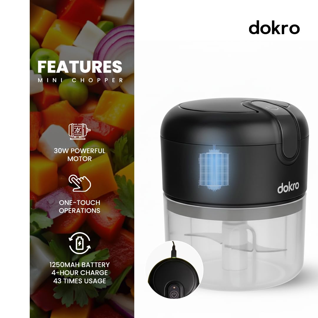 Dokro Rechargeable Mini Electric Chopper(Black), 250 ml BPA-free Bowl, 3 SS Blades, One-Touch Operation, for Garlic, Vegetables, Onion, Tomatoes, Meat and Nuts | 30W Motor | Long use 1200mAH battery