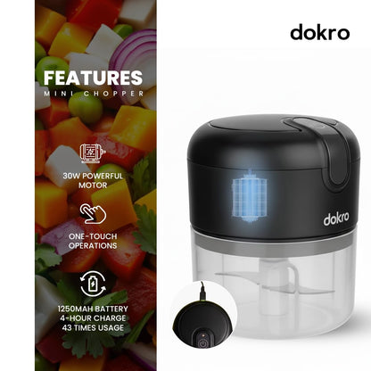 Dokro Rechargeable Mini Electric Chopper(Black), 250 ml BPA-free Bowl, 3 SS Blades, One-Touch Operation, for Garlic, Vegetables, Onion, Tomatoes, Meat and Nuts | 30W Motor | Long use 1200mAH battery