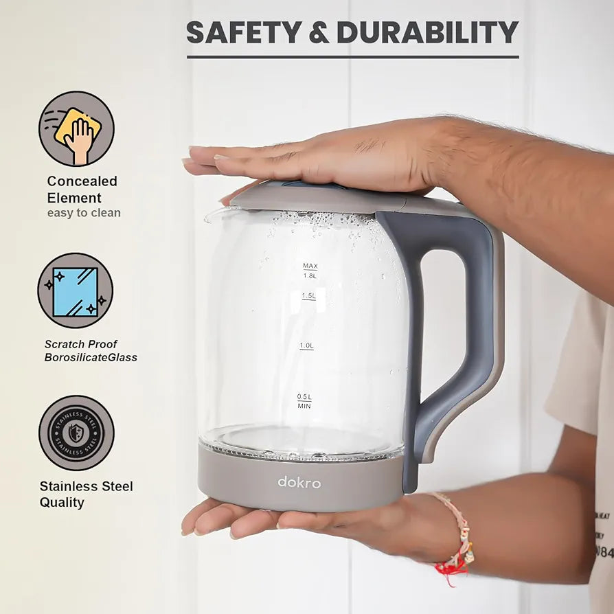 Dokro 1.8L Electric Glass Kettle  | 100% Borosilicate Glass Body with Locking Lid, 360° Swivel Base, Concealed Element for faster heating, Auto Shut-Off, Shock & Rust Proof Electric Kettle