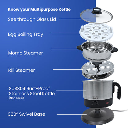 Dokro Multipurpose Electric Kettle with Steamer and Idli Tray(1.5Lt.) | Fast heating with 600W Power | Automatic shut-off | 360° Swivel Base | LED Indicator