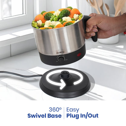 Dokro Multipurpose Electric Kettle with Steamer and Idli Tray(1.5Lt.) | Fast heating with 600W Power | Automatic shut-off | 360° Swivel Base | LED Indicator