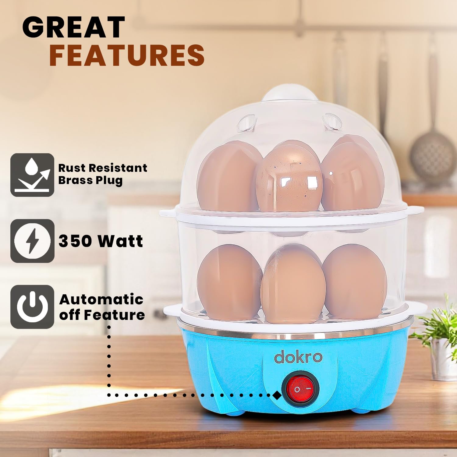 Dokro Electric Egg Boiler Double Layer | Boils 14 Eggs | 3 Boiling Modes – Soft Medium Hard | Auto Shut-Off | LED Indicator | Stainless Steel Heating Plate | Blue Color
