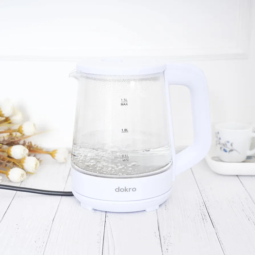 Dokro 1.3L Electric Glass Kettle  | Borosilicate Glass Body with Locking Lid, 360° Swivel Base, Concealed Element for fast heating, Auto Shut-Off, Shock & Rust Proof, cord free usage