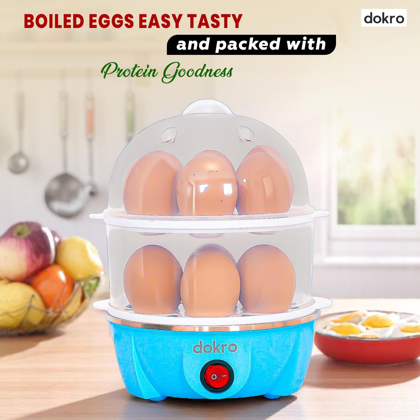 Dokro Electric Egg Boiler Double Layer | Boils 14 Eggs | 3 Boiling Modes – Soft Medium Hard | Auto Shut-Off | LED Indicator | Stainless Steel Heating Plate | Blue Color