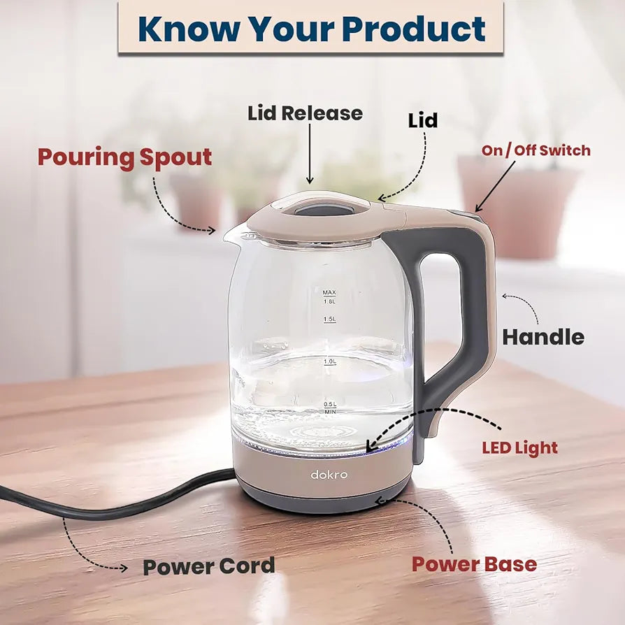 Dokro 1.8L Electric Glass Kettle  | 100% Borosilicate Glass Body with Locking Lid, 360° Swivel Base, Concealed Element for faster heating, Auto Shut-Off, Shock & Rust Proof Electric Kettle