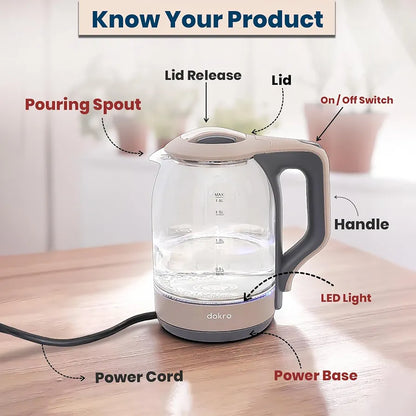 Dokro 1.8L Electric Glass Kettle  | 100% Borosilicate Glass Body with Locking Lid, 360° Swivel Base, Concealed Element for faster heating, Auto Shut-Off, Shock & Rust Proof Electric Kettle