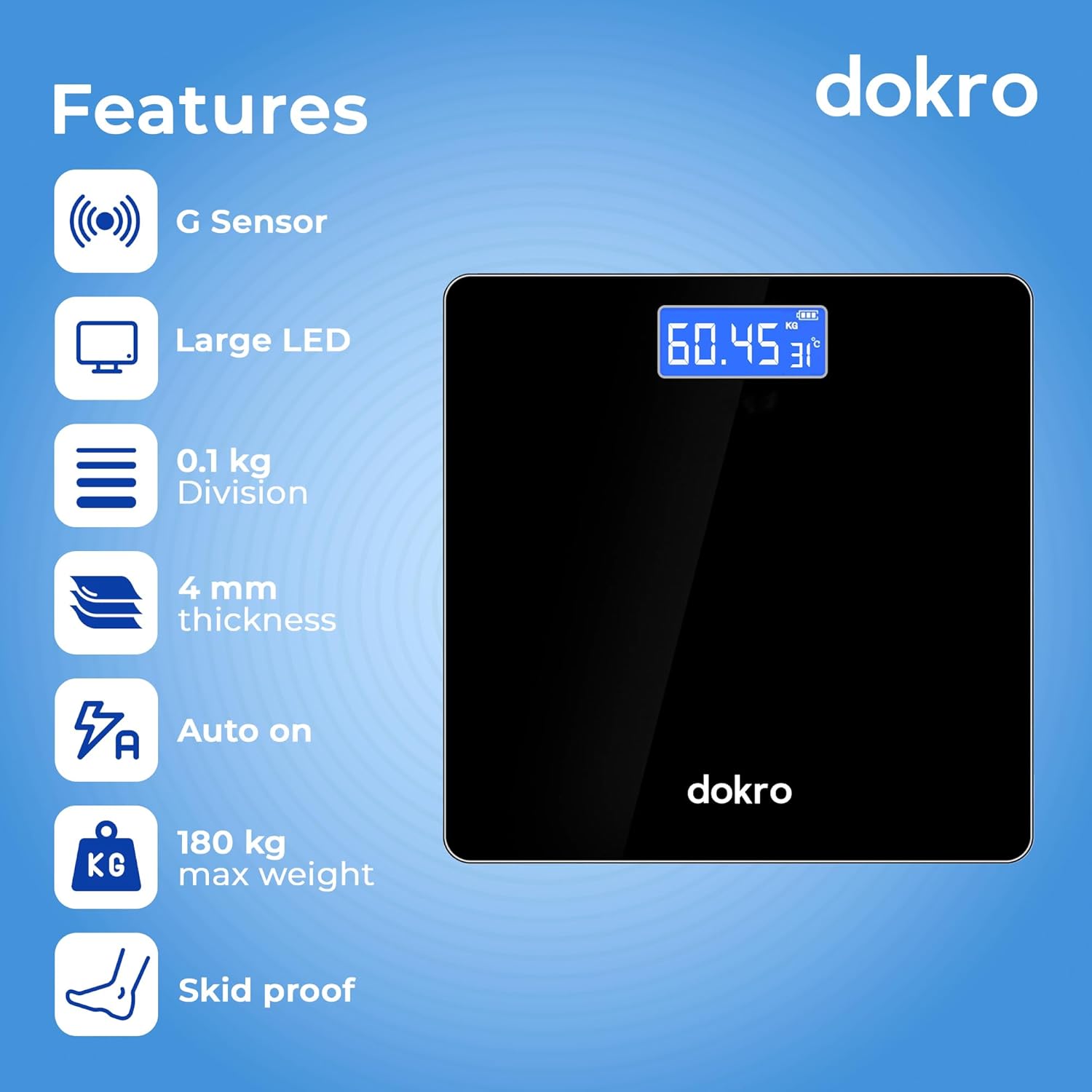 dokro Weight Machine for Home Digital Weighing Machine for Human Body with LCD Display Max Weight Capacity 180Kgs (Batteries Included) Bathroom Scale for Home | Black