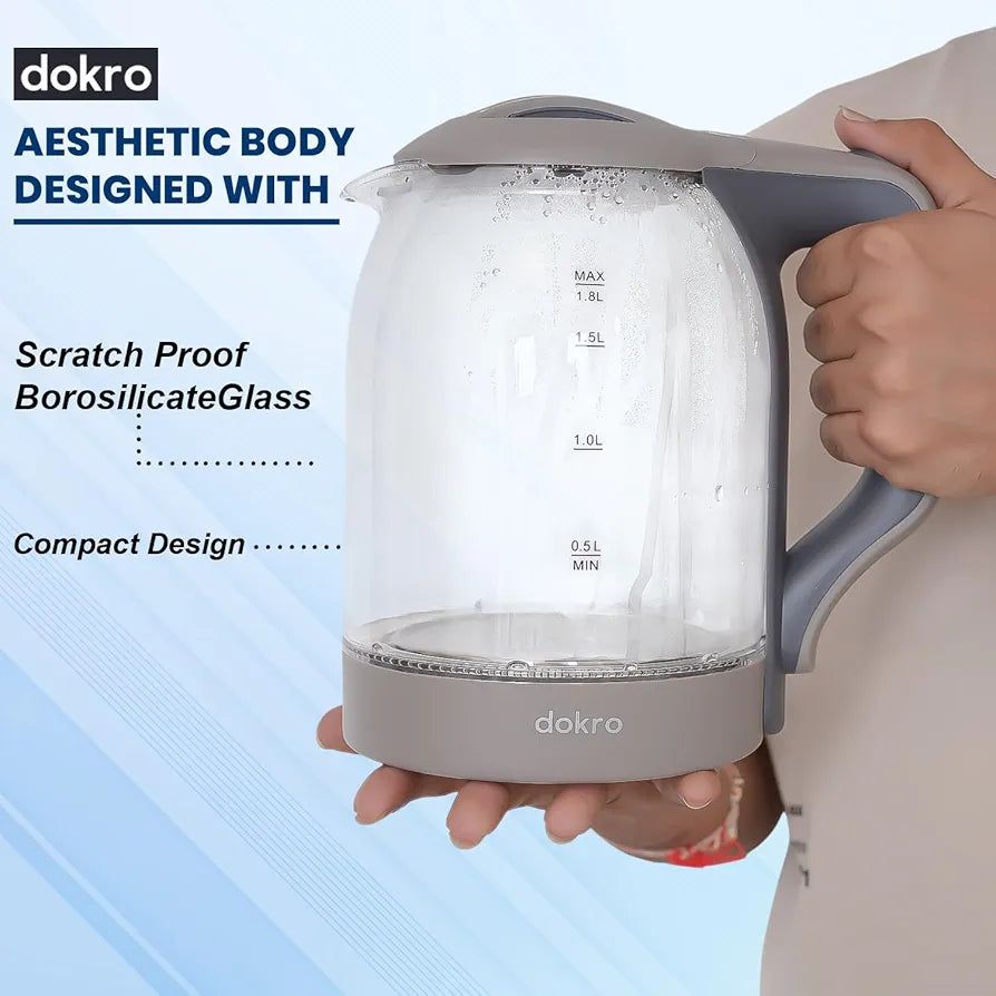 Dokro 1.8L Electric Glass Kettle  | 100% Borosilicate Glass Body with Locking Lid, 360° Swivel Base, Concealed Element for faster heating, Auto Shut-Off, Shock & Rust Proof Electric Kettle