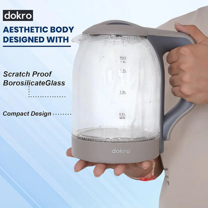 Dokro 1.8L Electric Glass Kettle  | 100% Borosilicate Glass Body with Locking Lid, 360° Swivel Base, Concealed Element for faster heating, Auto Shut-Off, Shock & Rust Proof Electric Kettle