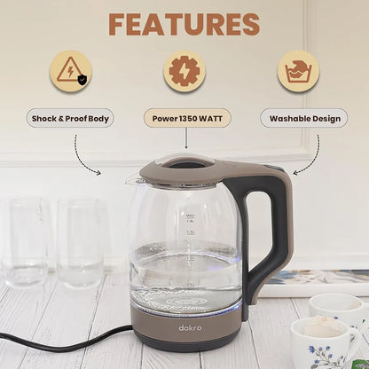 Dokro 1.8L Electric Glass Kettle  | 100% Borosilicate Glass Body with Locking Lid, 360° Swivel Base, Concealed Element for faster heating, Auto Shut-Off, Shock & Rust Proof Electric Kettle