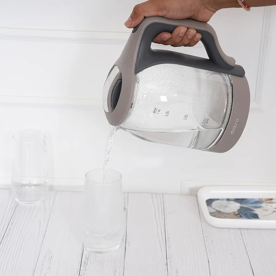 Dokro 1.8L Electric Glass Kettle  | 100% Borosilicate Glass Body with Locking Lid, 360° Swivel Base, Concealed Element for faster heating, Auto Shut-Off, Shock & Rust Proof Electric Kettle