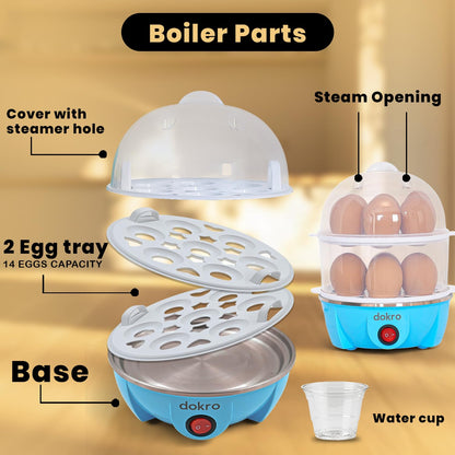 Dokro Electric Egg Boiler Double Layer | Boils 14 Eggs | 3 Boiling Modes – Soft Medium Hard | Auto Shut-Off | LED Indicator | Stainless Steel Heating Plate | Blue Color
