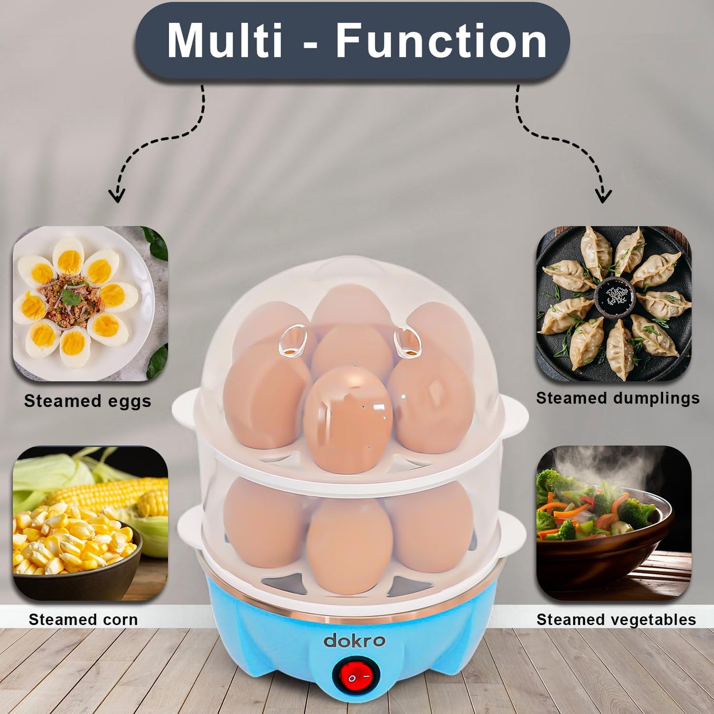 Dokro Electric Egg Boiler Double Layer | Boils 14 Eggs | 3 Boiling Modes – Soft Medium Hard | Auto Shut-Off | LED Indicator | Stainless Steel Heating Plate | Blue Color