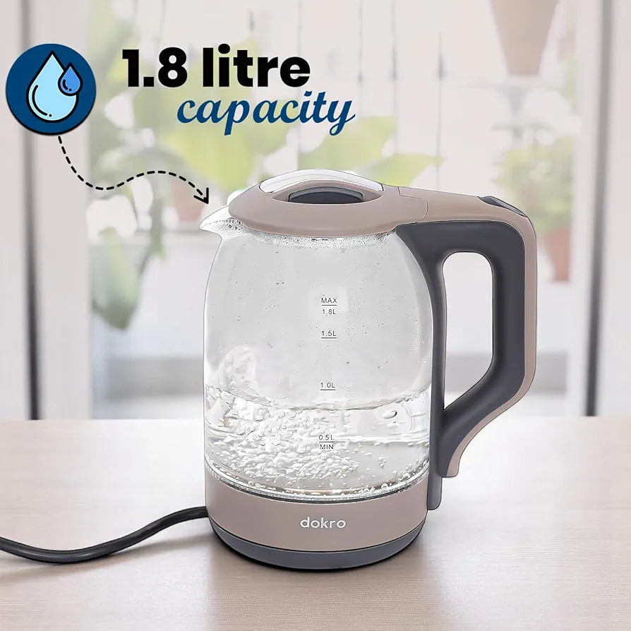 Dokro 1.8L Electric Glass Kettle  | 100% Borosilicate Glass Body with Locking Lid, 360° Swivel Base, Concealed Element for faster heating, Auto Shut-Off, Shock & Rust Proof Electric Kettle