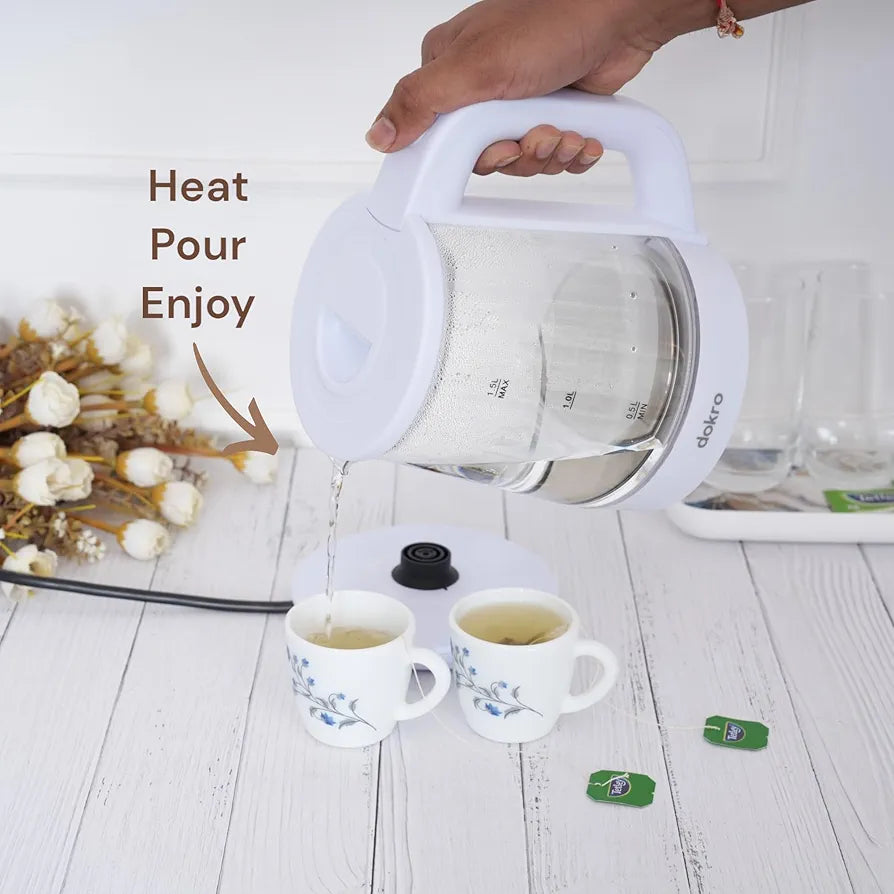 Dokro 1.3L Electric Glass Kettle  | Borosilicate Glass Body with Locking Lid, 360° Swivel Base, Concealed Element for fast heating, Auto Shut-Off, Shock & Rust Proof, cord free usage