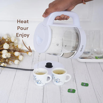 Dokro 1.3L Electric Glass Kettle  | Borosilicate Glass Body with Locking Lid, 360° Swivel Base, Concealed Element for fast heating, Auto Shut-Off, Shock & Rust Proof, cord free usage