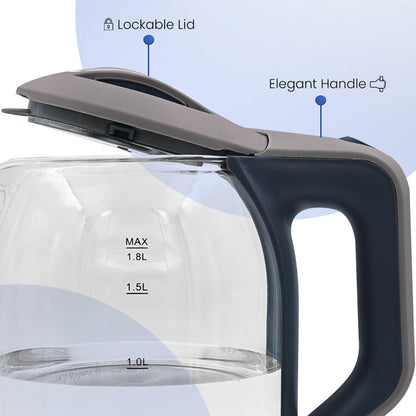 Dokro 1.8L Electric Glass Kettle(1350W), 100% Borosilicate Glass Body, Locking Lid, Auto Shut-Off
