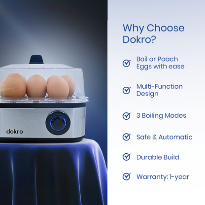 Dokro Electric 2-in-1 Egg Boiler and Poacher| Boil 8 Eggs/Poach 4 Eggs | 3 Boiling Modes (Soft, Medium, Hard) | Stainless Steel Body & Heating Plate | Automatic Shut-Off | Transparent Lid, Silver Grey
