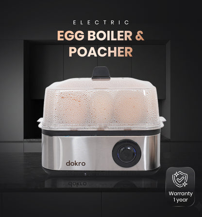 Dokro Electric 2-in-1 Egg Boiler and Poacher(500W), Boil 8 Eggs/Poach 4 Eggs, 3 Modes, Steel Body, Automatic Shut-Off