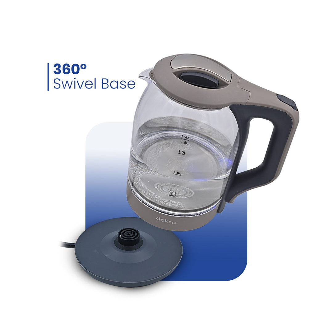 Dokro 1.8L Electric Glass Kettle(1350W), 100% Borosilicate Glass Body, Locking Lid, Auto Shut-Off