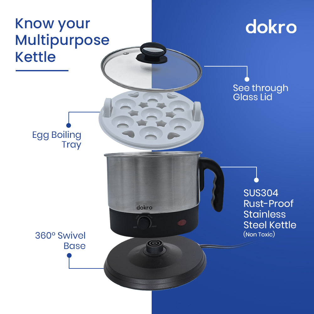 Dokro Electric Multipurpose Kettle (1.5 Litres), 600W, Stainless Steel body with Automatic Shut-off