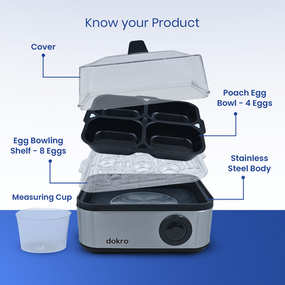 Dokro Electric 2-in-1 Egg Boiler and Poacher| Boil 8 Eggs/Poach 4 Eggs | 3 Boiling Modes (Soft, Medium, Hard) | Stainless Steel Body & Heating Plate | Automatic Shut-Off | Transparent Lid, Silver Grey