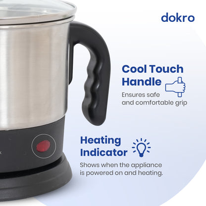 Dokro Multipurpose Electric Kettle with Steamer and Idli Tray(1.5Lt.) | Fast heating with 600W Power | Automatic shut-off | 360° Swivel Base | LED Indicator