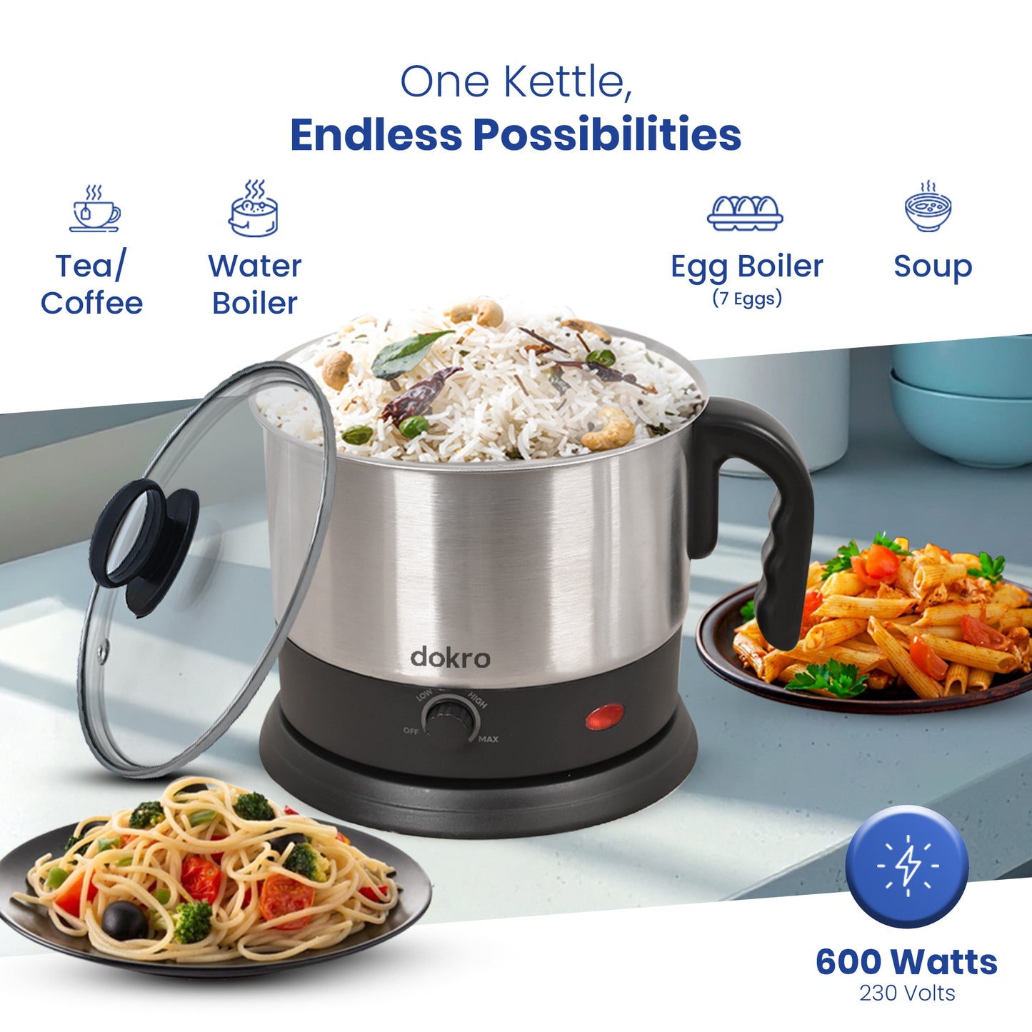 Dokro Electric Multipurpose Kettle (1.5 Litres), 600W, Stainless Steel body with Automatic Shut-off